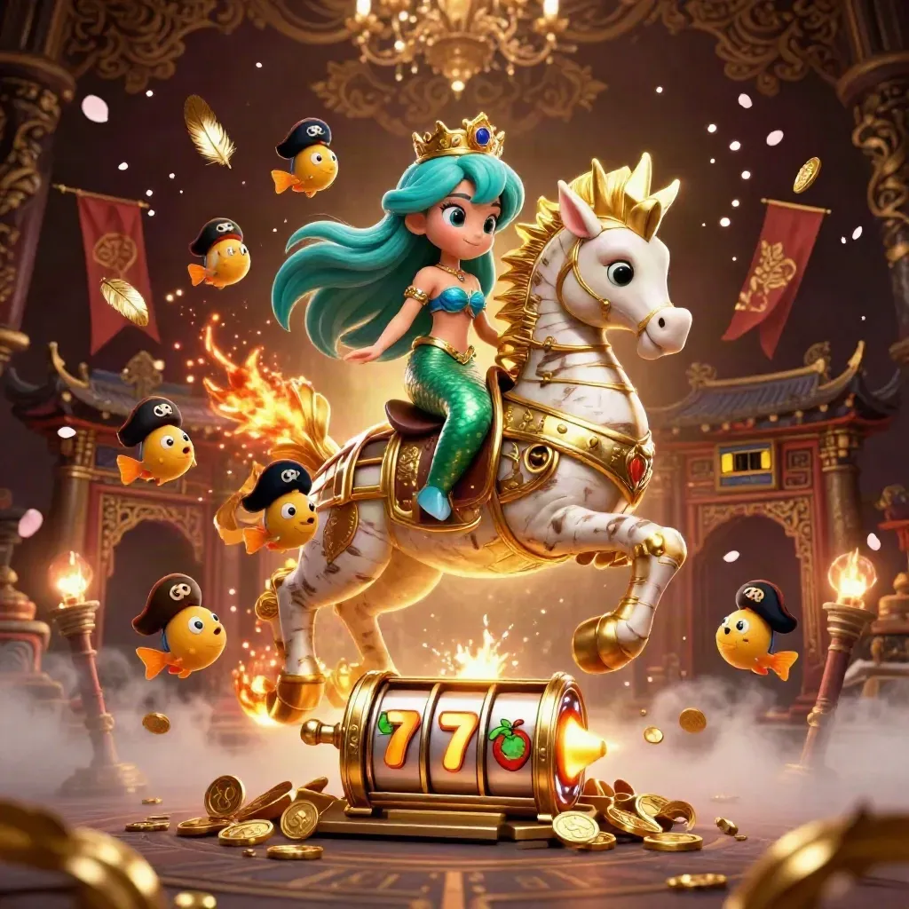 Turquoise-haired mermaid princess on a gold-armored seahorse with pirate fish and casino magic