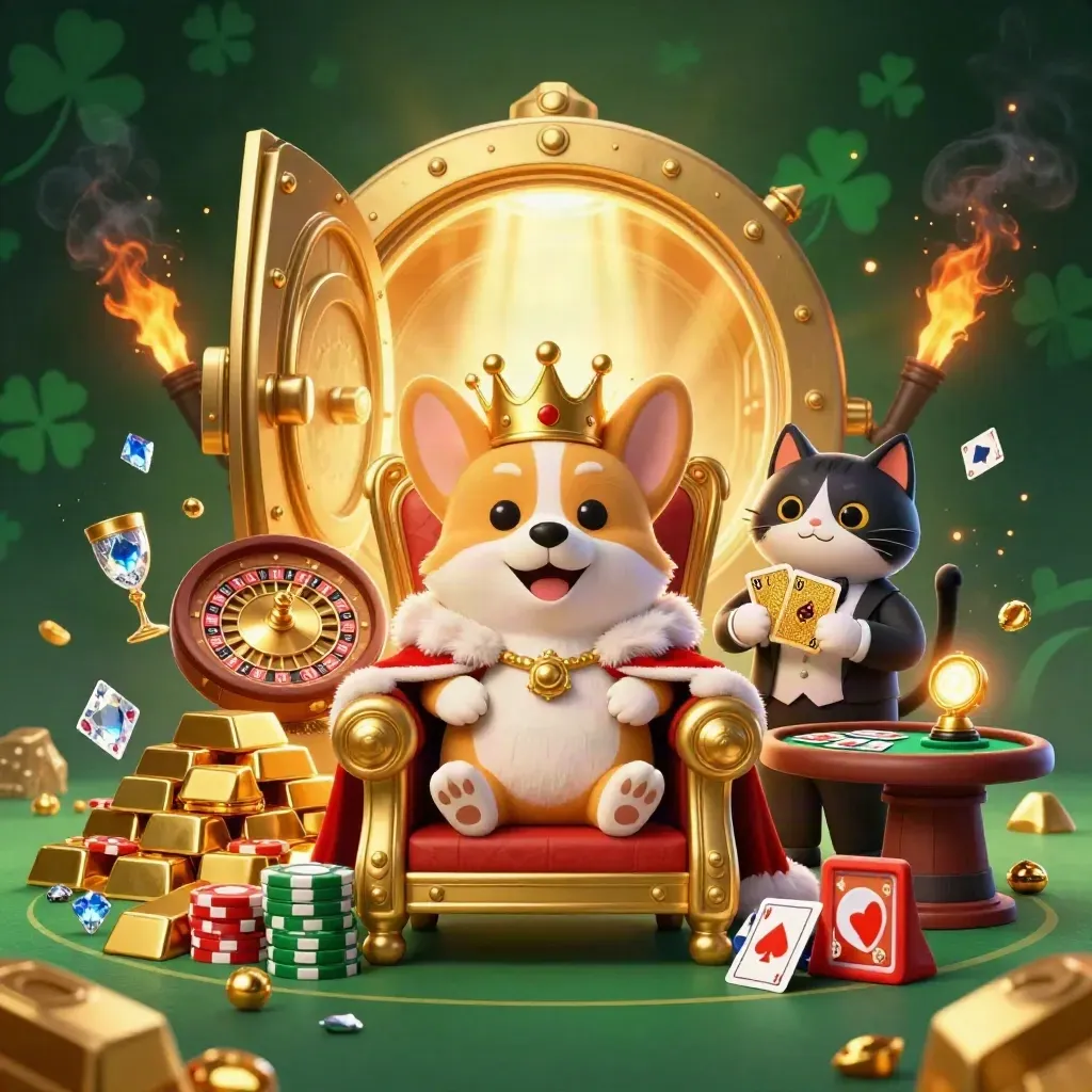 Royal corgi and cat butler amid vault glow, chips, gold, gems, roulette and casino lights.