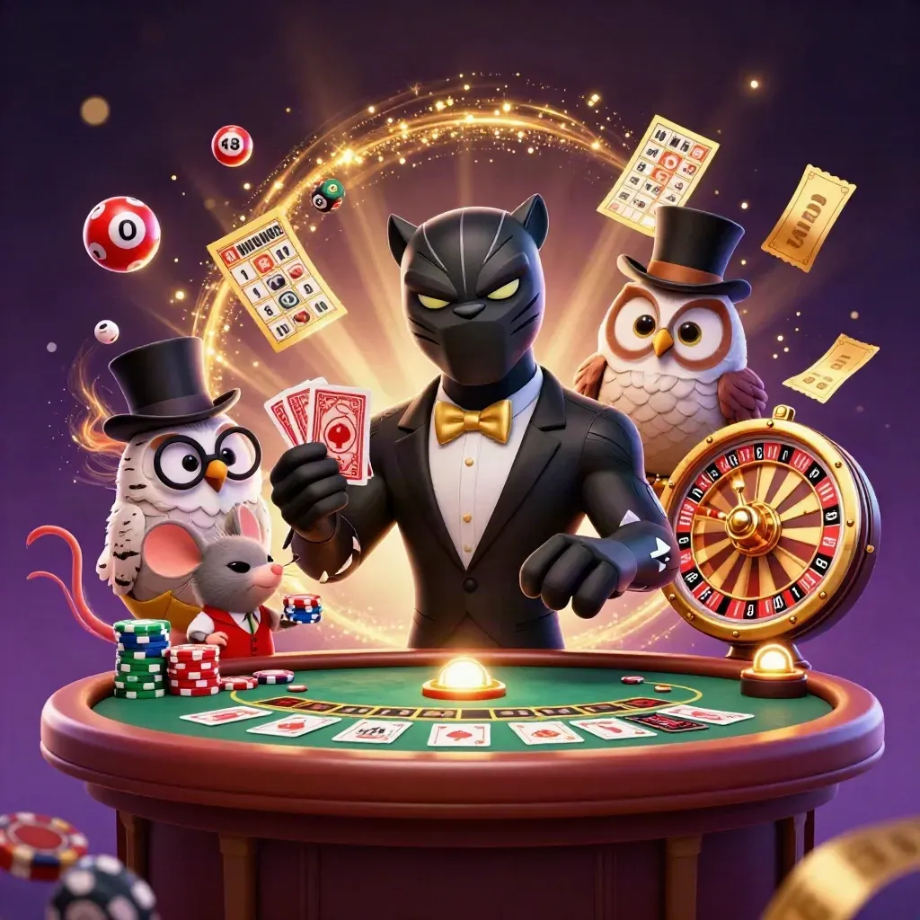 Panther, owl, and mouse casino mascots amid chips, cards, prize wheel, and golden sparks.
