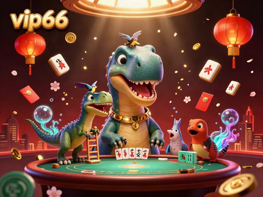 Engage with vip66's dynamic casino scene featuring playful dinosaurs and vibrant gambling elements.