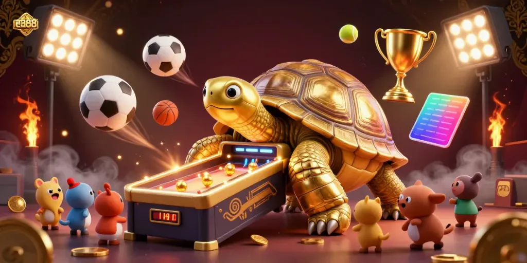 Engage in thrilling gaming at ea88, featuring a fun scene with a golden tortoise pinball machine surrounded by excited animals and sports elements.