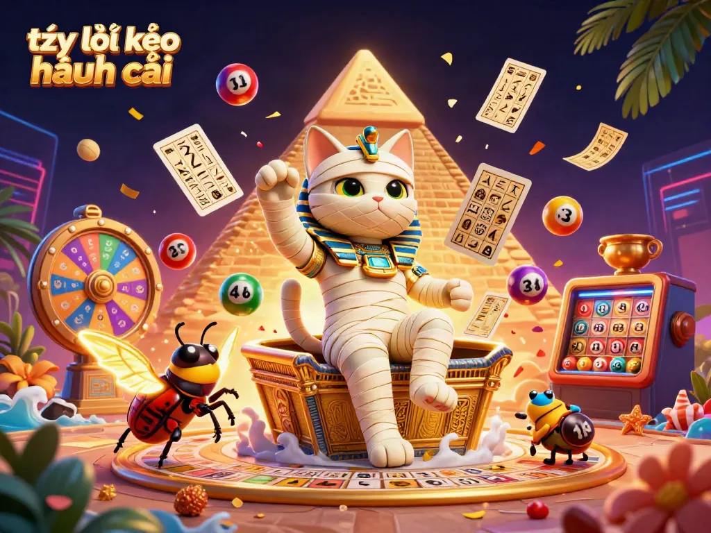 Engage with tỷ lệ kèo nhà cái as an Egyptian mummy cat bursts from a golden sarcophagus in a vibrant casino scene.