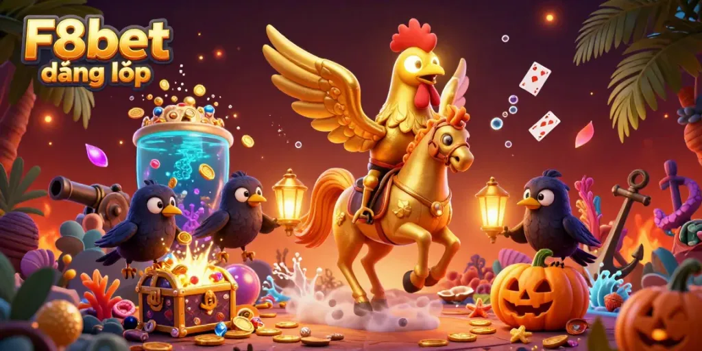 Experience F8bet đăng nhập with an illustrated golden rooster in a vibrant casino, surrounded by treasure and gaming elements.