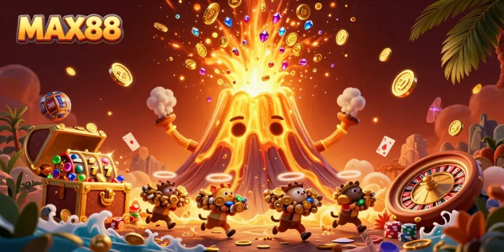 Experience the excitement of MAX88 with a vibrant scene of treasures, slot reels, and jubilant characters.