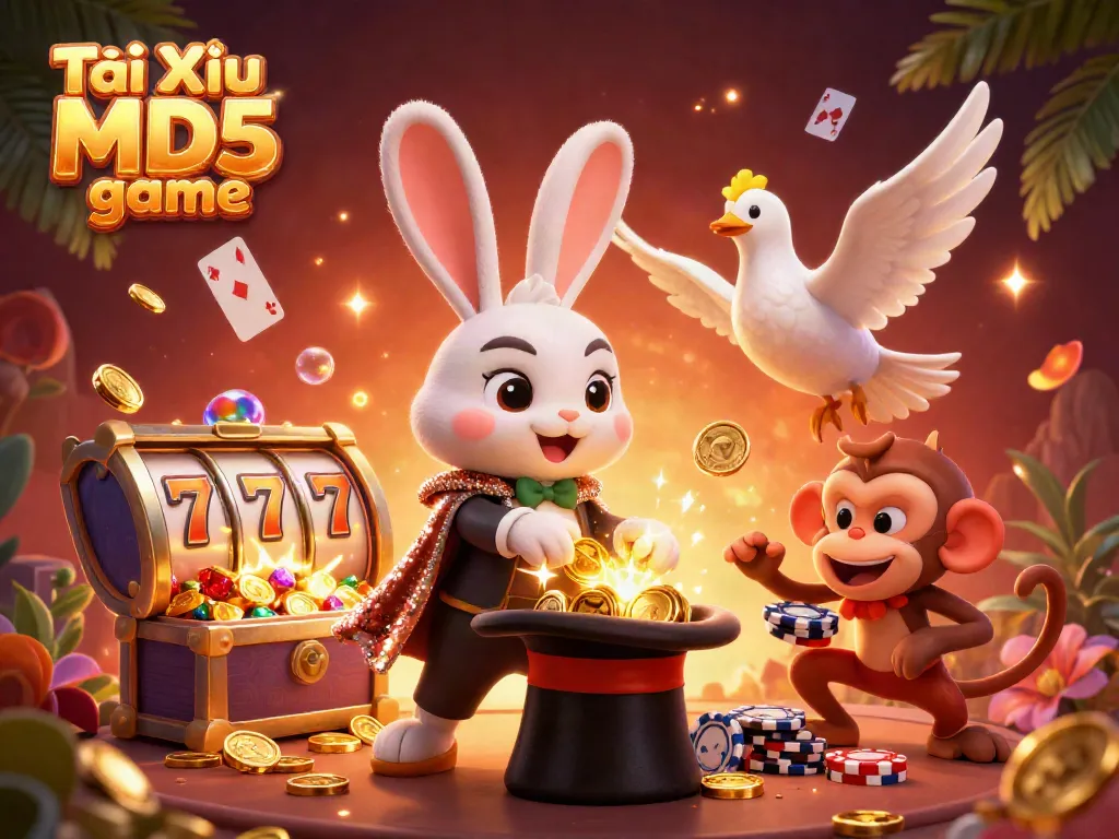Tài Xỉu MD5 game showcases thrilling characters in a vibrant casino environment filled with gold coins and magical elements, inviting excitement in gaming.