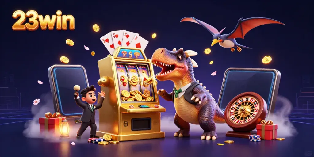 Witness the dynamic action of 23win as cartoon dinosaurs interact with a golden slot machine.