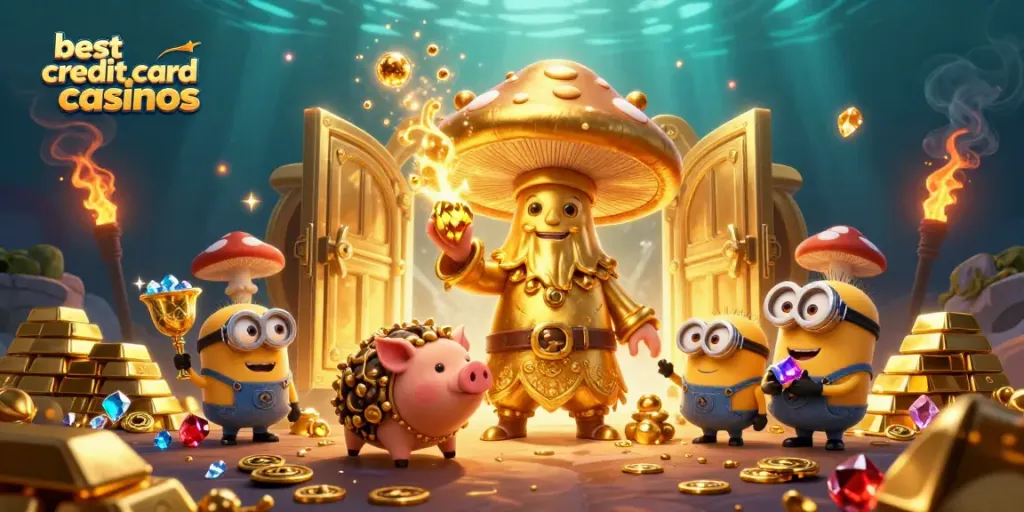 Experience the excitement of the best credit card casinos with animated characters and golden treasures.