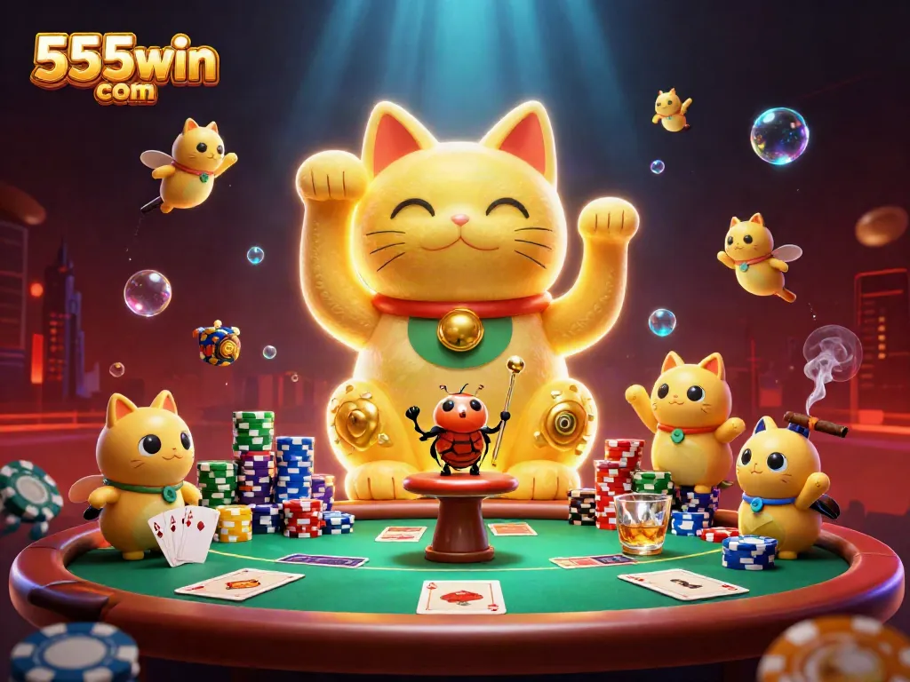 Engage with 555win com's vibrant casino world featuring a lucky cat and dynamic poker scene.