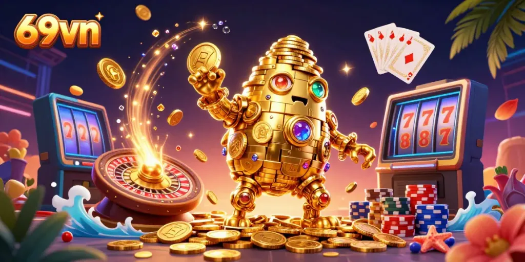 Engage in thrilling gameplay at 69vn with a vibrant scene of golden golems, coins, and casino elements.