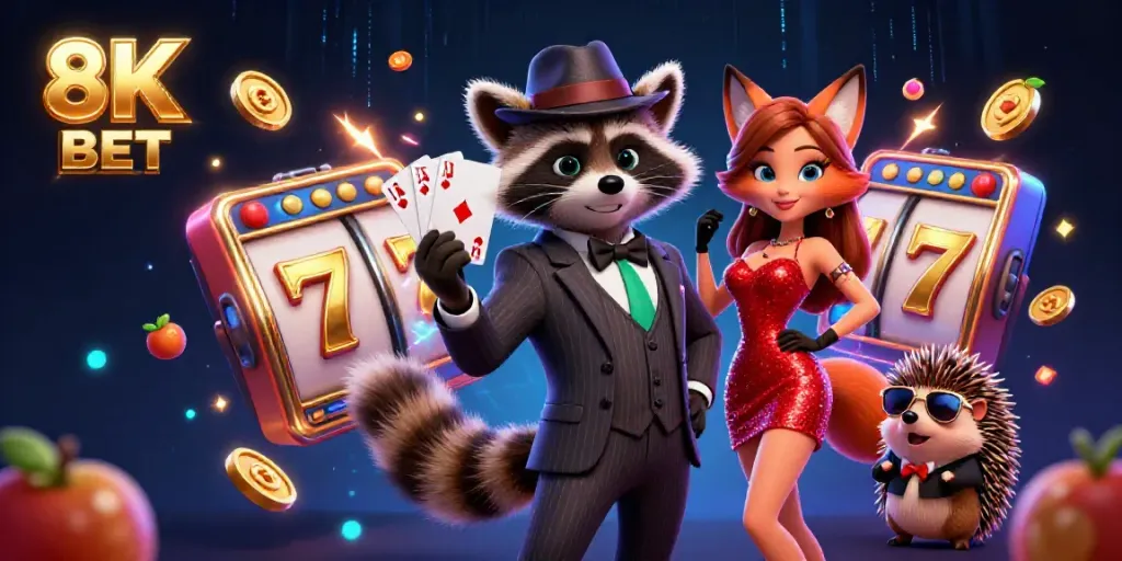 Experience the thrill of winning at 8K BET with unique characters and vibrant casino elements in this engaging illustration.