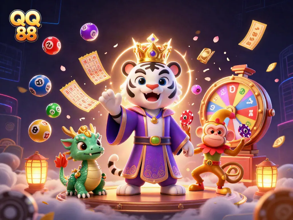 Engage with QQ 88's vibrant gaming scene featuring a royal tiger and entertaining monkey.