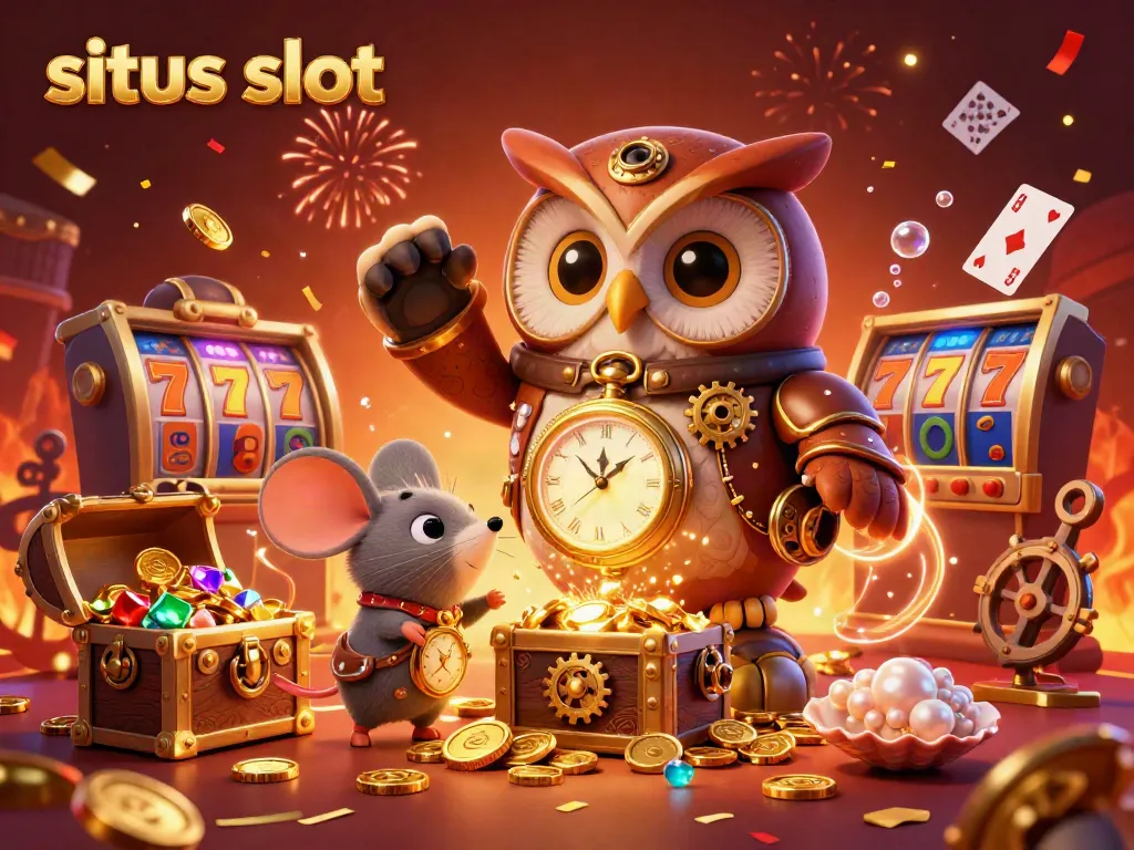 Spin the reels with situs slot in a vibrant, energetic casino scene filled with treasures and joy.