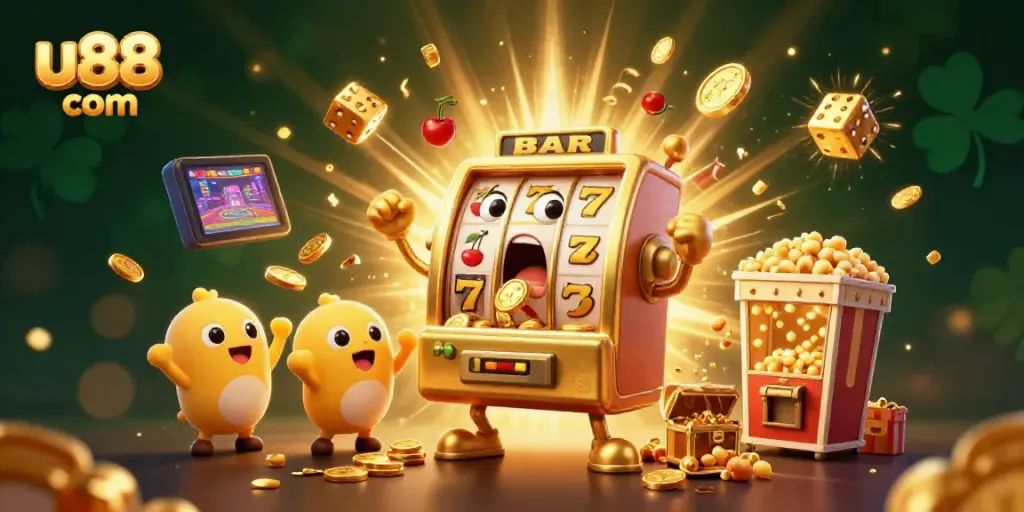 Experience the excitement of u88 com with a golden slot machine celebrating its jackpot amid a dynamic casino scene.