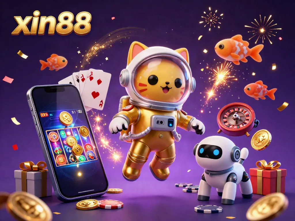 Engage with xin88's vibrant casino experience featuring an astronaut cat, robot dog, and fun gaming elements.
