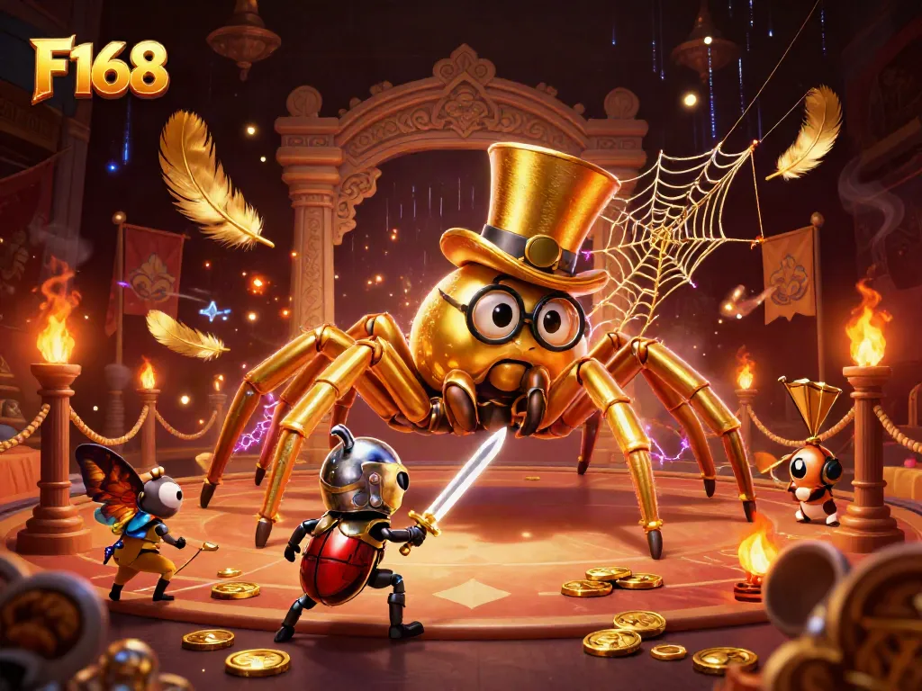 Experience thrilling gameplay at F168 with an illustration of a giant golden tarantula and knight amidst casino symbols.
