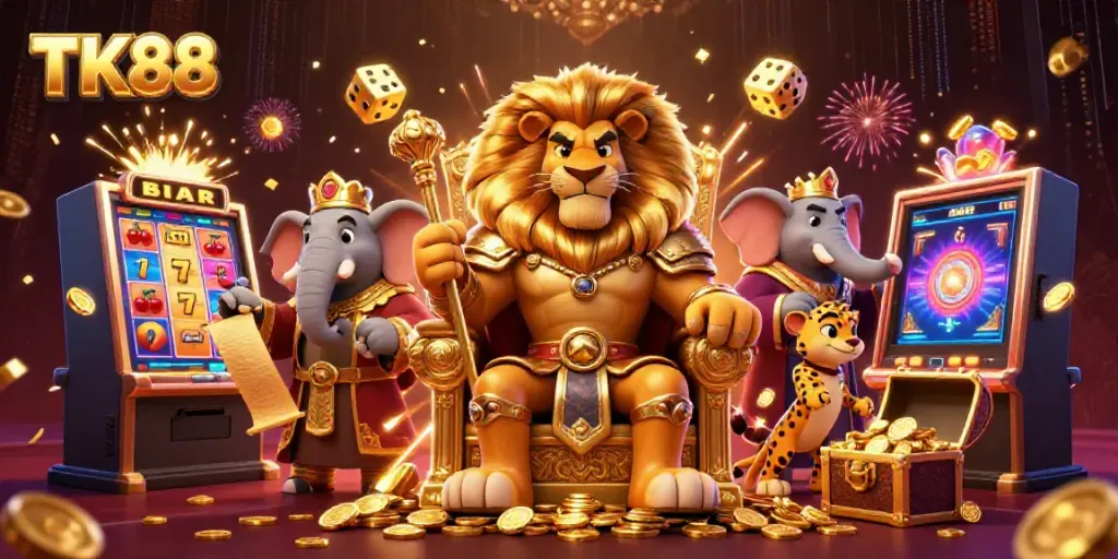 Experience thrilling gaming at TK88 with a regal lion king and vibrant casino elements all around.