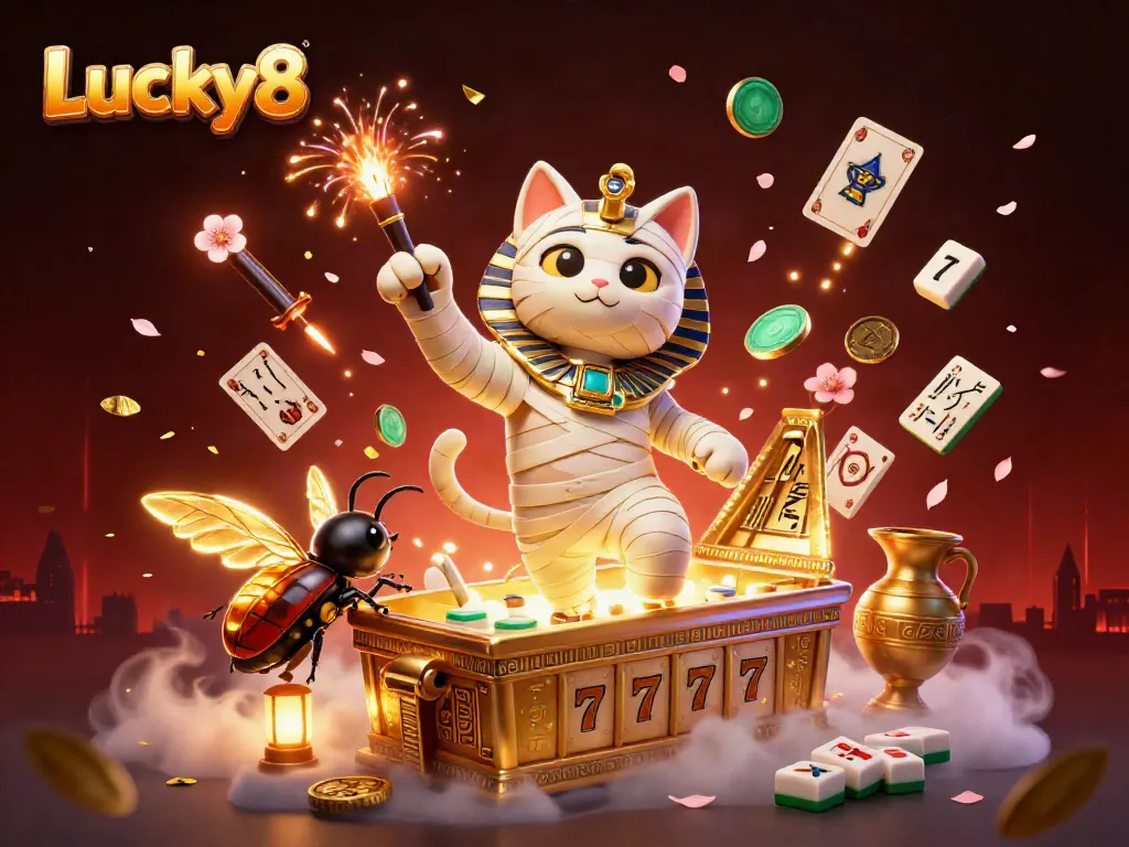 Experience the thrill of Lucky8 with an Egyptian mummy cat in a vibrant casino scene, spinning slot reels.