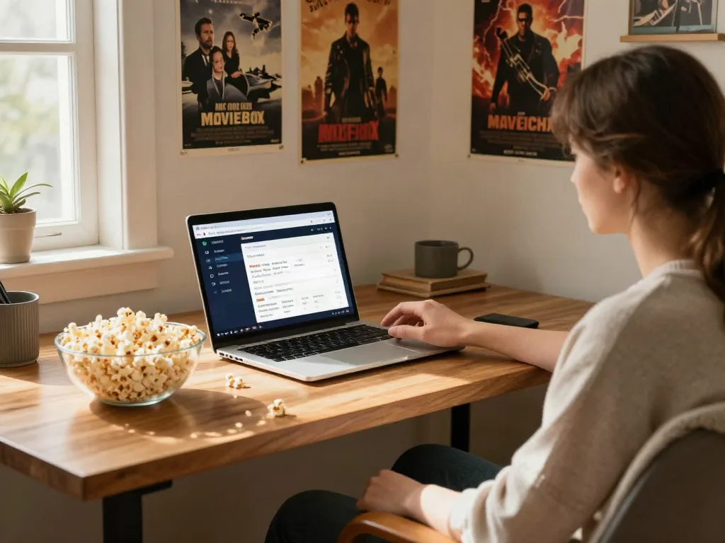 Explore the MovieBox old version on mymovieboxproapp.com/moviebox-old-version/ in a cozy home office with movie posters and popcorn.