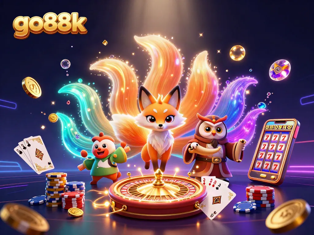 Engage with the go88k magic in a vibrant casino scene with colorful characters and dynamic gambling elements.