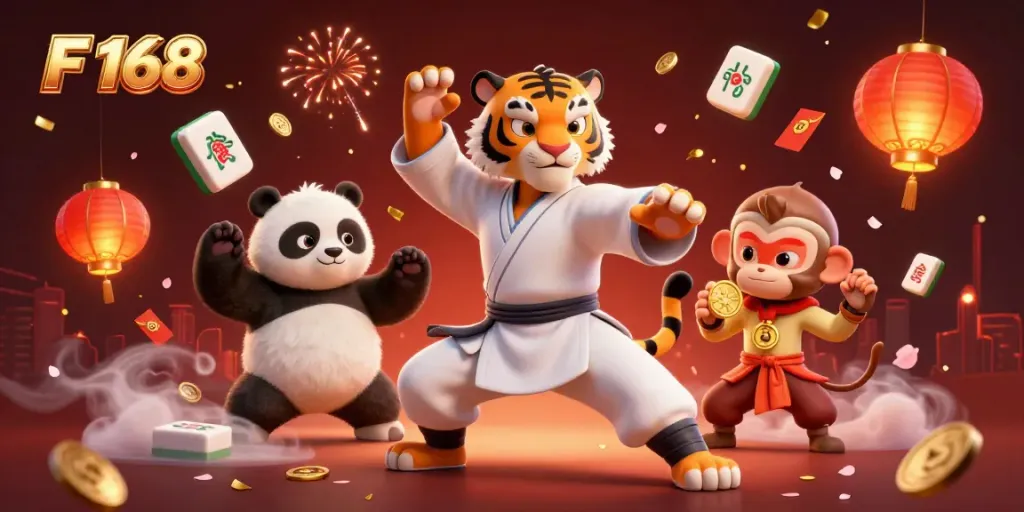 Experience thrilling gameplay with F 168 as a kung fu tiger strikes a pose amidst floating mahjong tiles and festive lanterns.