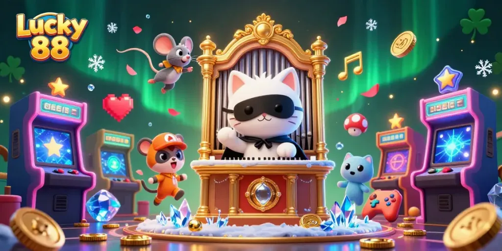 Engage with Lucky 88 at a vibrant casino featuring a charismatic cat and acrobat.