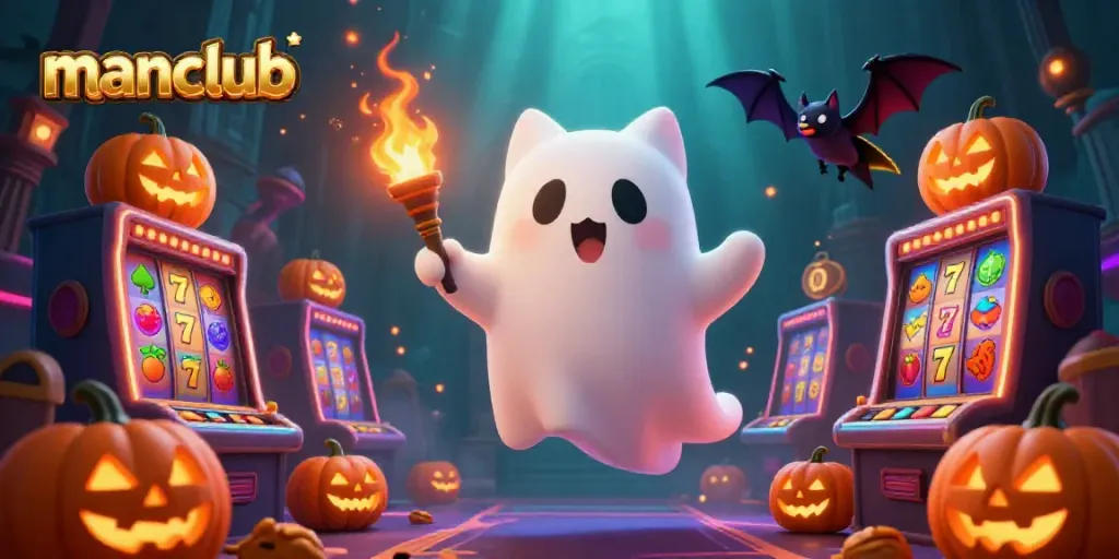 Engaging manclub casino scene featuring a ghost cat and vampire bat amidst colorful slot machines.