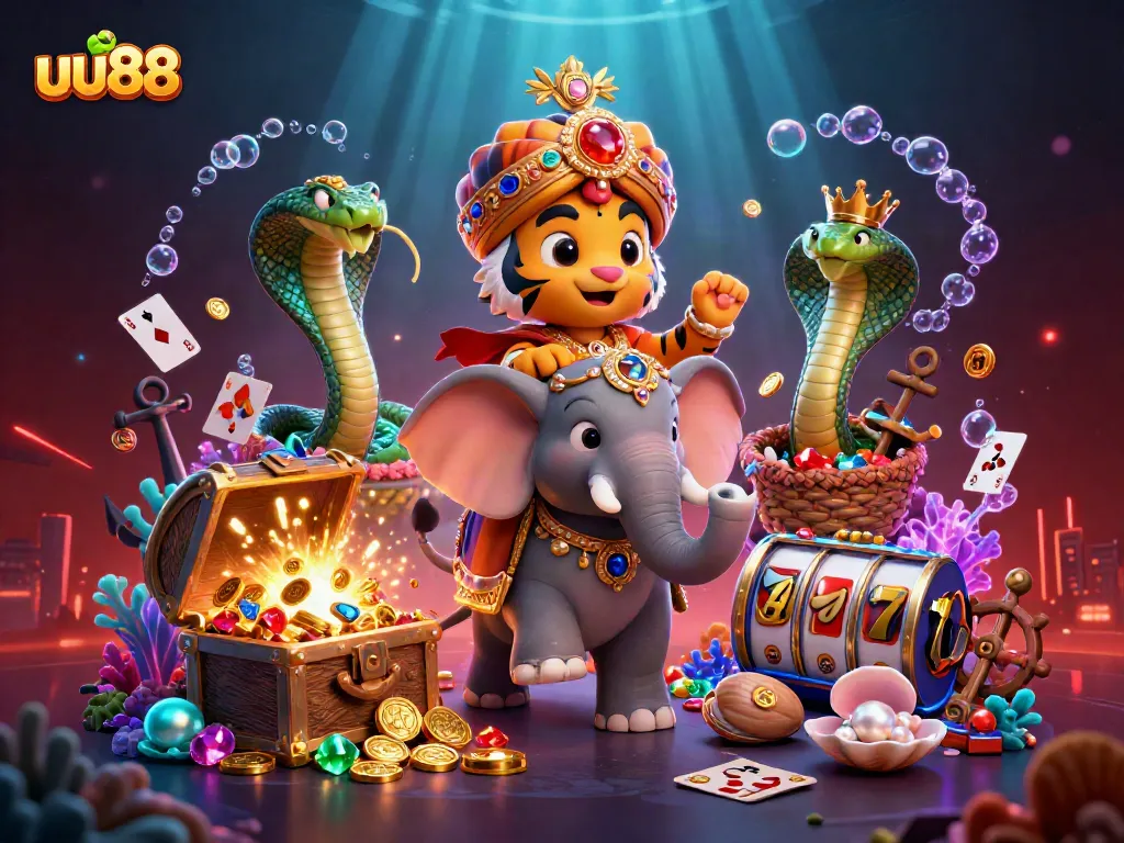 uu88 showcases a vibrant casino scene with a majestic maharaja tiger, jackpot elements, and dynamic gaming action.