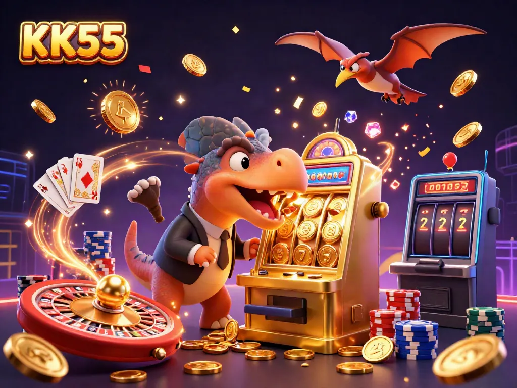 KK55 celebrates jackpots with a pachycephalosaurus and a casino manager amidst flying gold coins