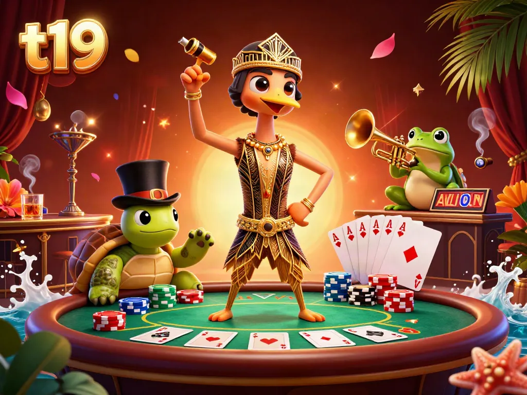 Engage in thrilling gameplay at t19 with a vibrant 3D illustration of casino characters and poker elements.