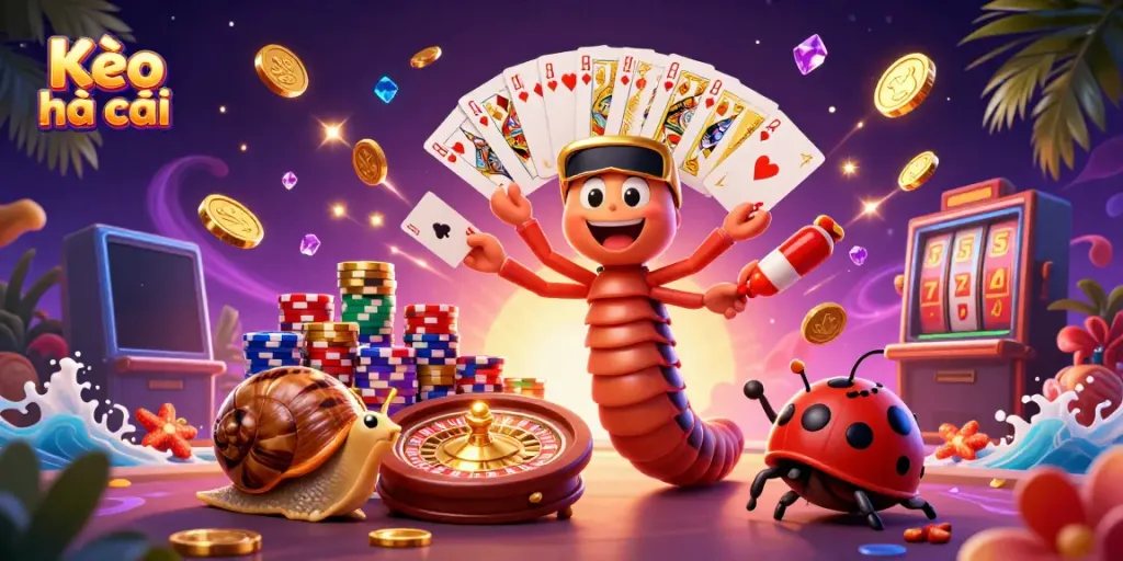 Engaging Kèo nhà cái scene with a thrilling cartoon dealer and vibrant casino elements.