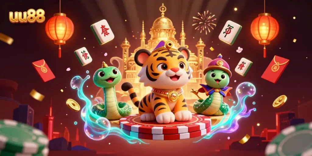 Bet on excitement with uu88 as the tiger sultan takes flight among golden treasures and festive casino elements.