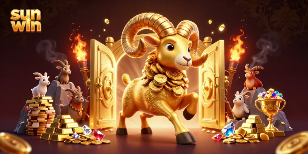 Experience the thrill of sun win with a dynamic 3D golden ram charging at a treasure vault.