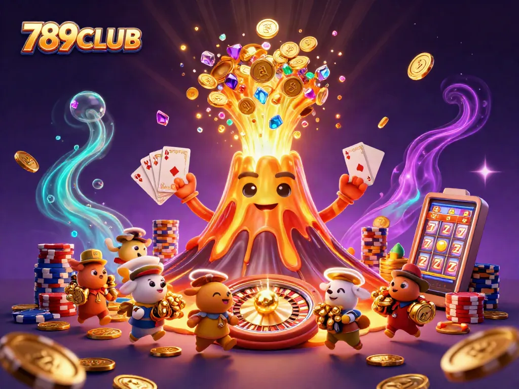 Experience the excitement of 789CLUB with a vibrant eruption of treasures in a dynamic casino scene.