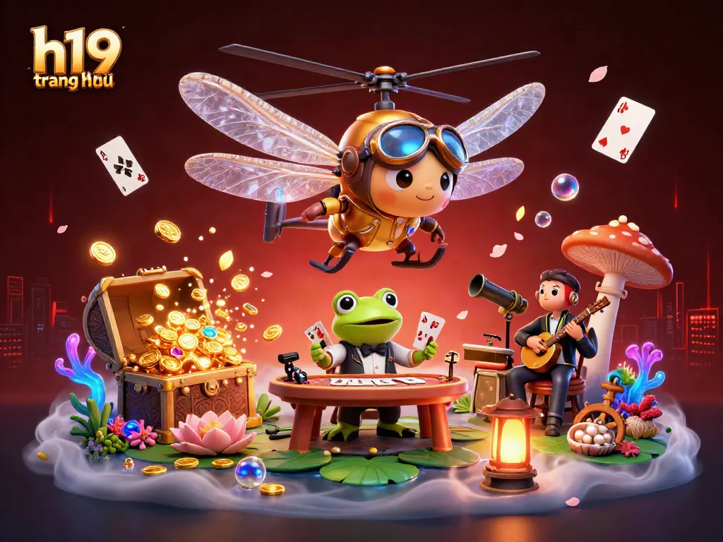 Engaging h19 trang chủ casino illustration featuring a dragonfly pilot, frog croupier, and jazz cricket band