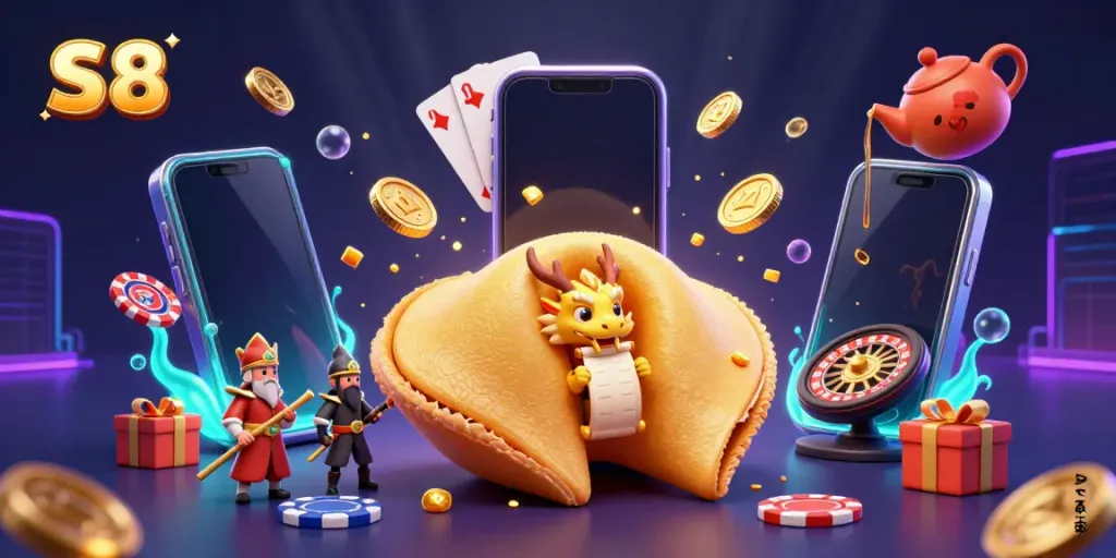 Experience thrilling jackpots at S8 with a colorful slot game scene featuring a golden fortune cookie and wise dragon.