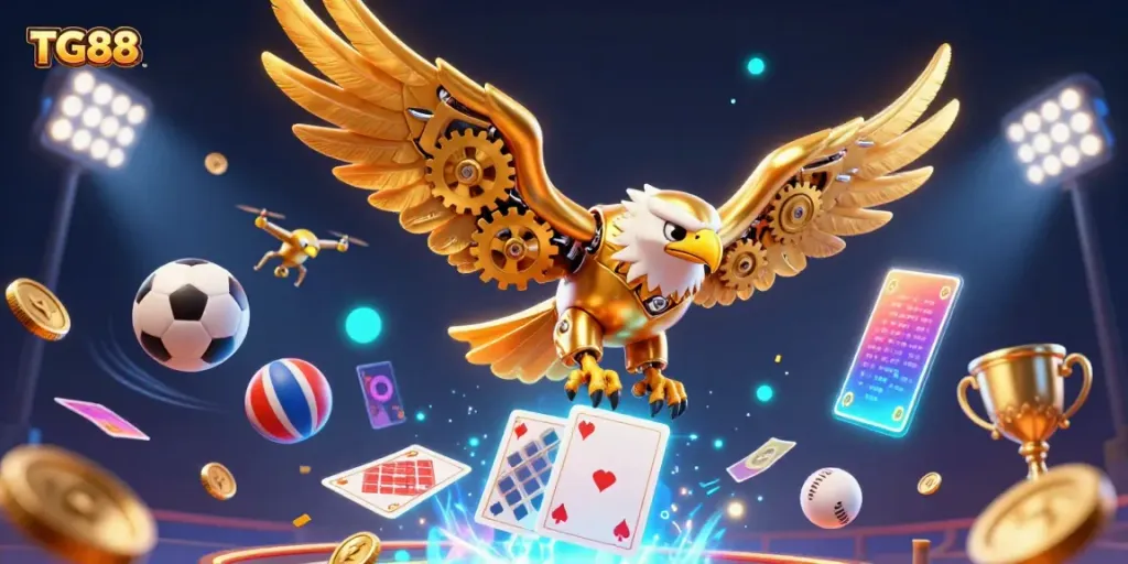 Bet on exciting games with TG88 as a golden eagle dives through holographic cards.