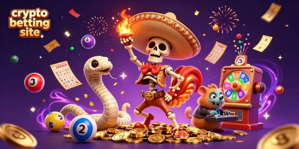Experience excitement at a crypto betting site, featuring lively characters celebrating a jackpot.