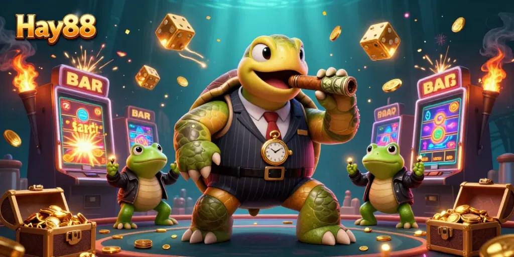 Experience the excitement of Hay88 with a vibrant casino scene featuring 3D characters and thrilling game elements.