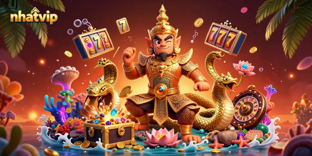 Nhatvip showcases a 3D cartoon Thai temple guardian with gambling elements like slot reels and gold coins.