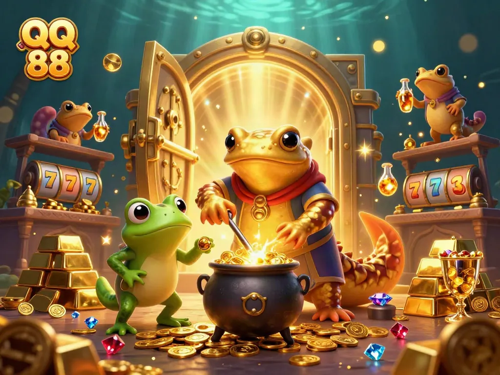 Experience QQ 88 with a vibrant scene of a golden salamander alchemist transforming wealth in a casino setting.