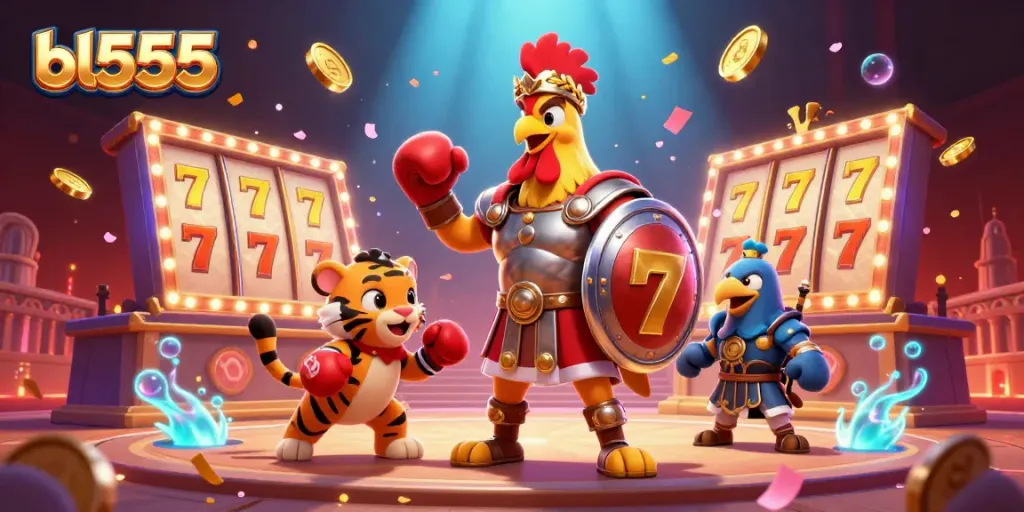 Experience thrilling gaming action with bl555's dynamic slot scene featuring vibrant characters