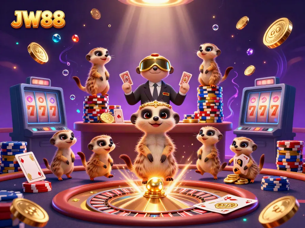Engaging JW88 casino scene featuring meerkats as dealers and players immersed in casino action.