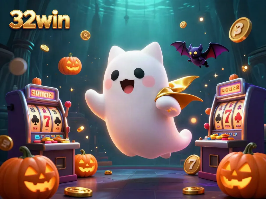 Experience the vibrant energy of 32win with the ghost cat and vampire bat in a haunted casino scene.