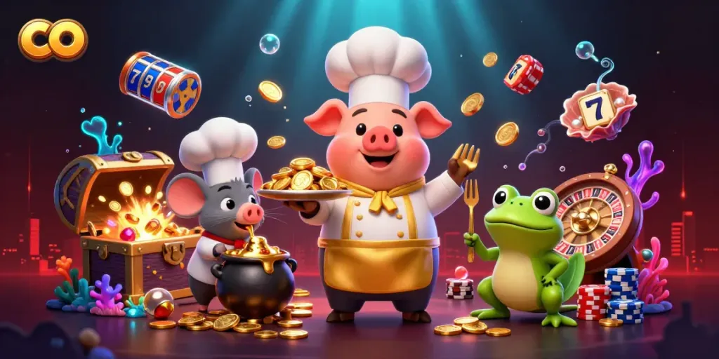 Co gaming scene featuring a chef pig, mouse, and frog with casino elements like slot reels.