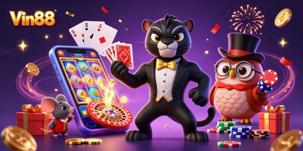 Experience Vin88's excitement with a charming casino scene featuring a tuxedo panther and friends.