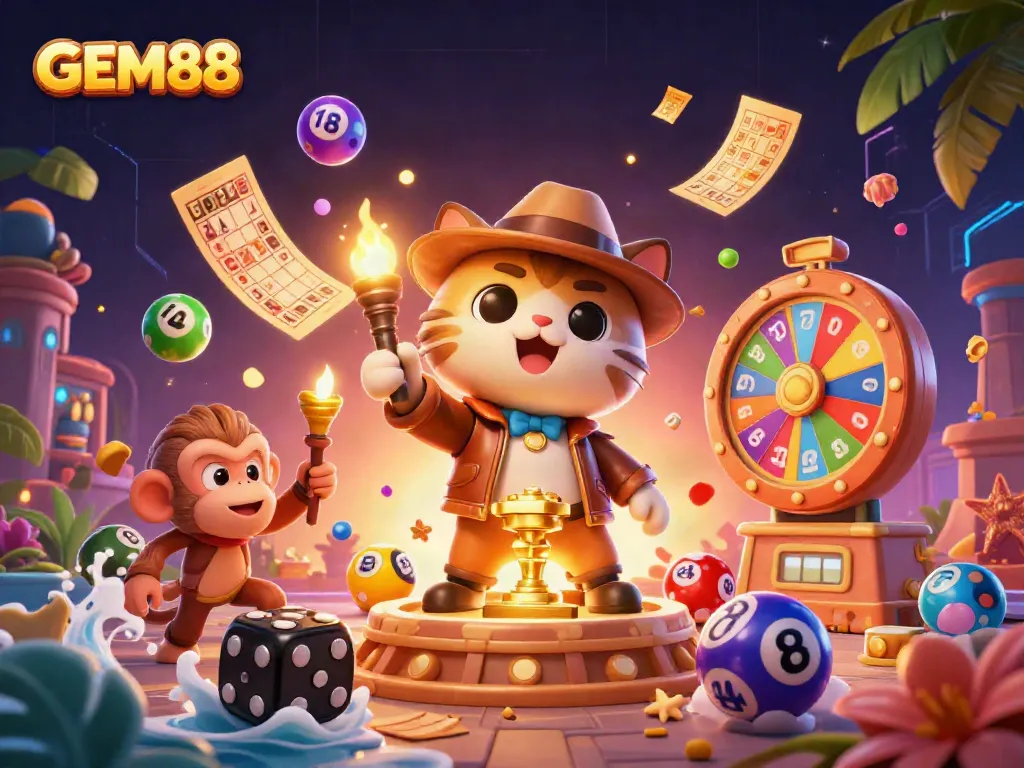 Experience GEM88's thrilling online casino adventure with colorful lottery elements and dynamic characters
