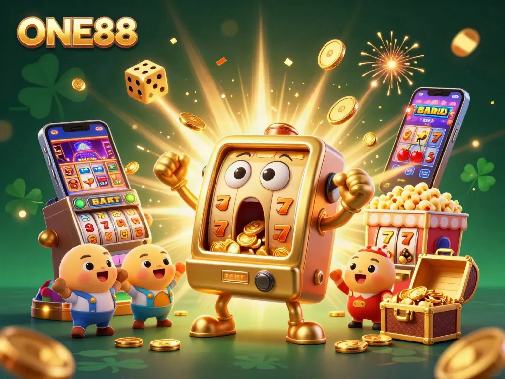 ONE88 slot machine hits the jackpot, showering coins while cheering smaller machines celebrate.