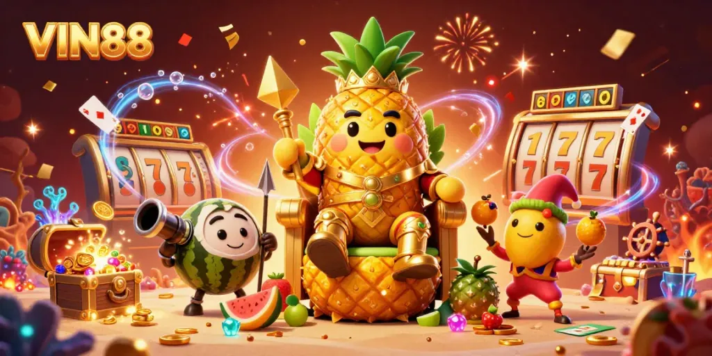 Win big at VIN88 with a vibrant casino scene featuring charming characters and exciting gaming elements.