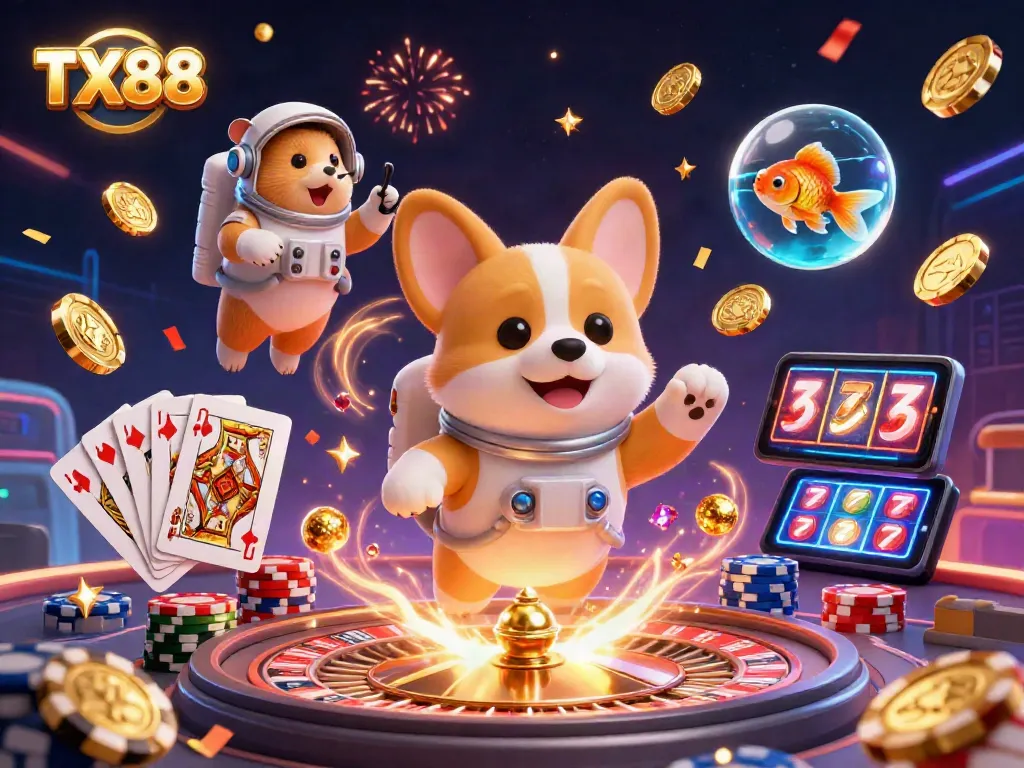 Experience thrilling gaming moments at TX88 casino with floating coins and dynamic characters in 3D illustration.