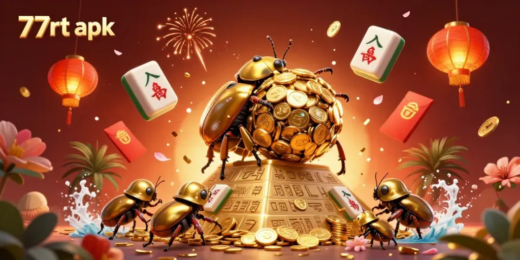 Experience the fun of 77rt apk with golden beetles rolling coins and vibrant casino elements in a dazzling scene.